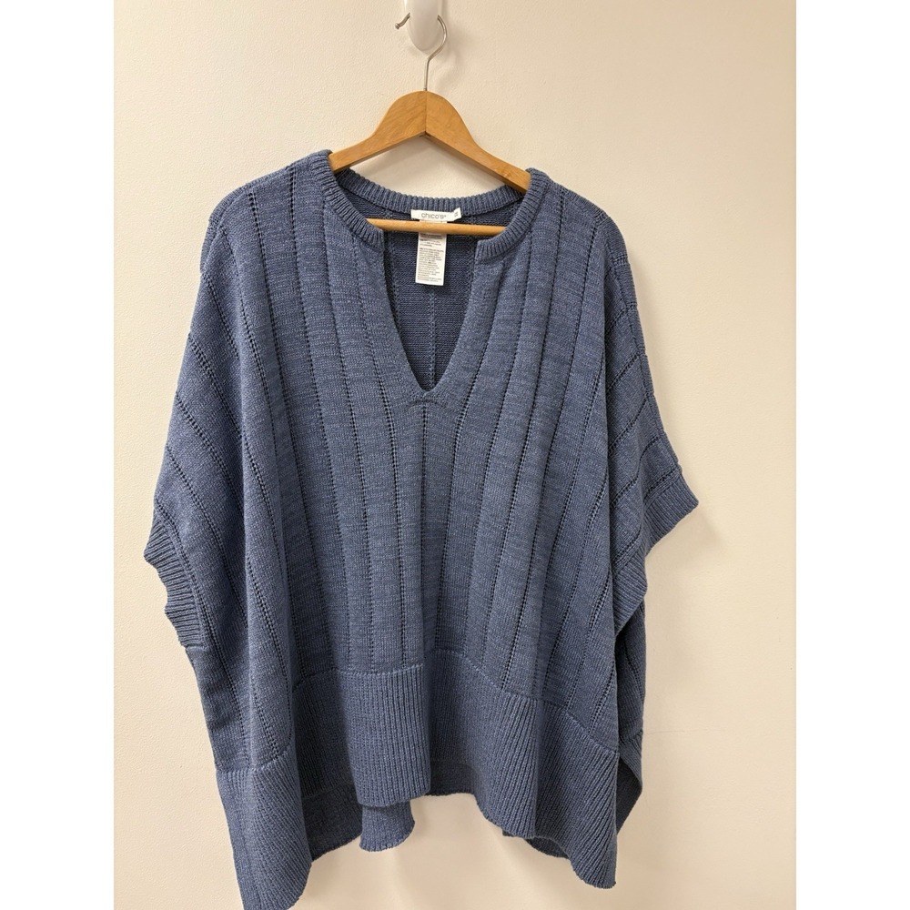Chicos Blue Open Knit Split Neck Sweater Poncho Measures Sz 2X Sold Out